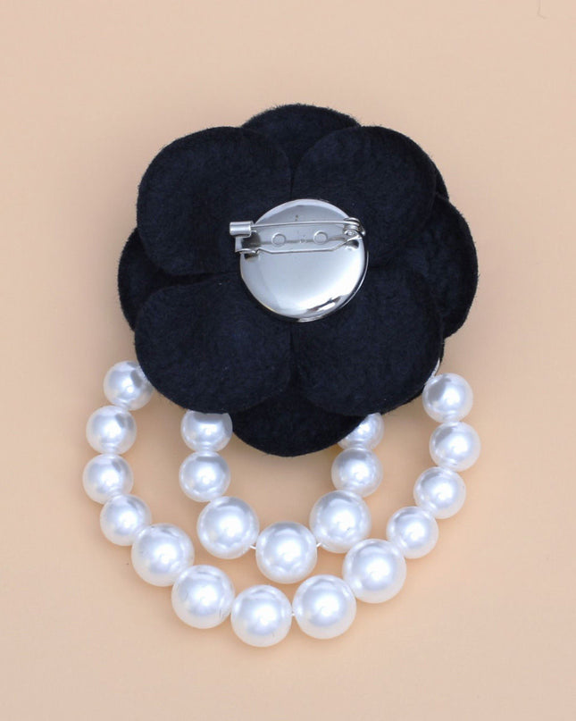 Brooch Black Flower Draped White Pearls Pin