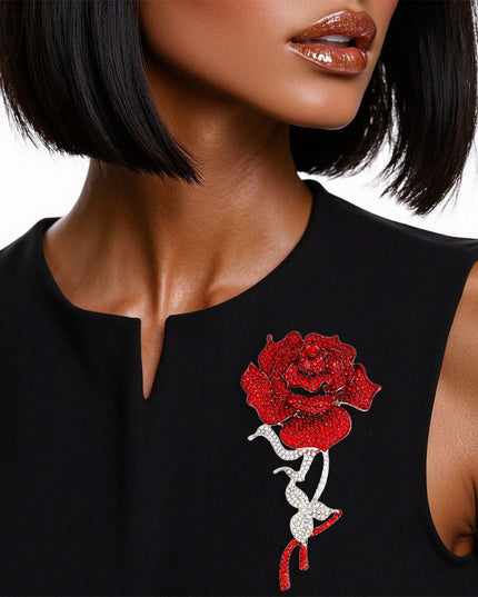 Sparkle Red Rose Blooming Brooch