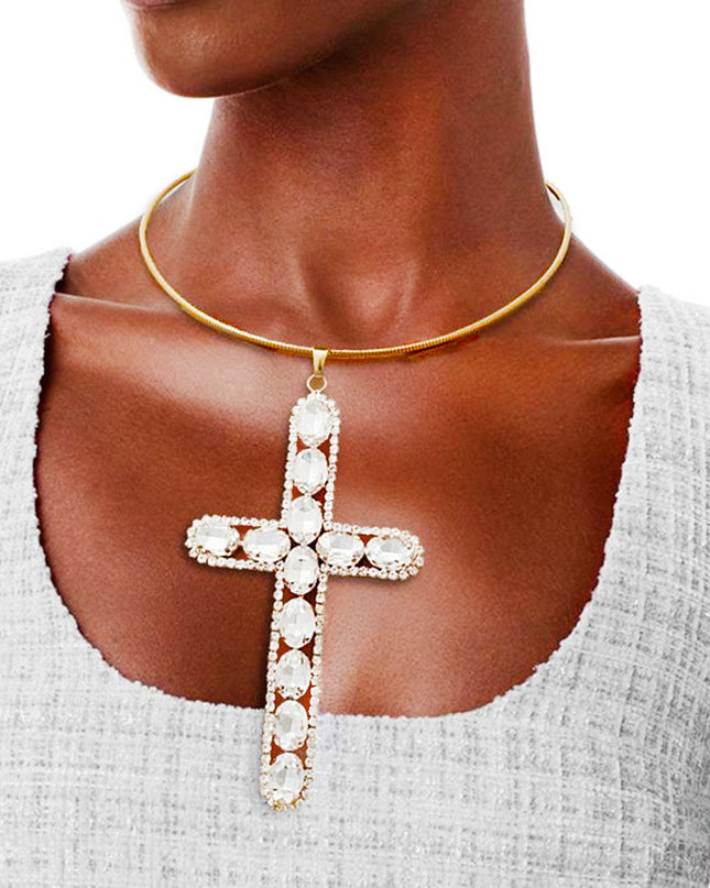 Gold Rigid Collar Elegant Cross Necklace