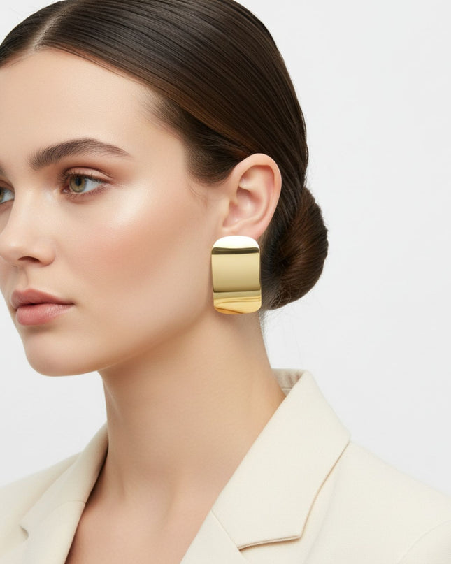 18K Gold Steel Curved Rectangle Disc Stud Earrings