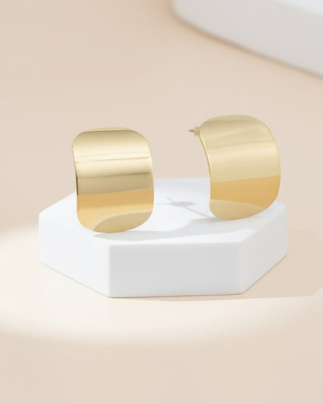 18K Gold Steel Curved Rectangle Disc Stud Earrings