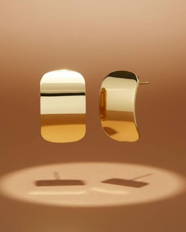 18K Gold Steel Curved Rectangle Disc Stud Earrings