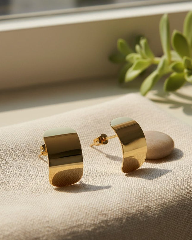 18K Gold Steel Curved Rectangle Disc Stud Earrings