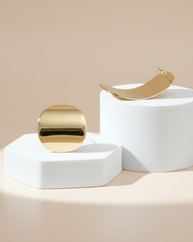 18K Gold Steel Curved Rectangle Disc Stud Earrings