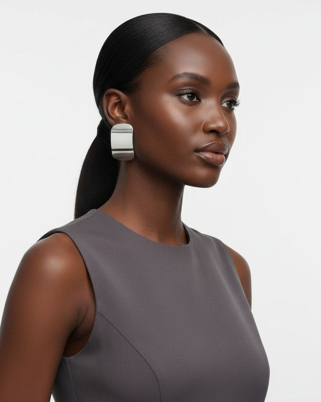 Stainless Steel Curved Rectangle Disc Earrings