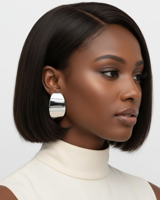 Stainless Steel Curved Oval Disc Earrings