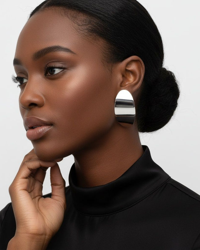 Stainless Steel Curved Oval Disc Earrings