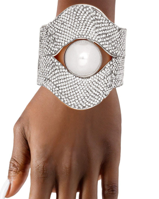 Cuff Gatsby Era Ornate Stone Pearl Silver Bracelet