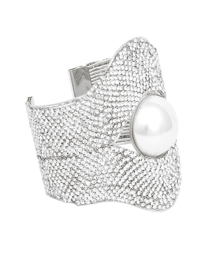 Cuff Gatsby Era Ornate Stone Pearl Silver Bracelet