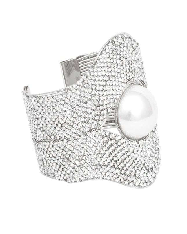 Cuff Gatsby Era Ornate Stone Pearl Silver Bracelet