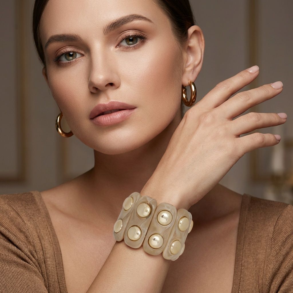 Stretch Vintage Beige Resin and Gold Stud Bracelet