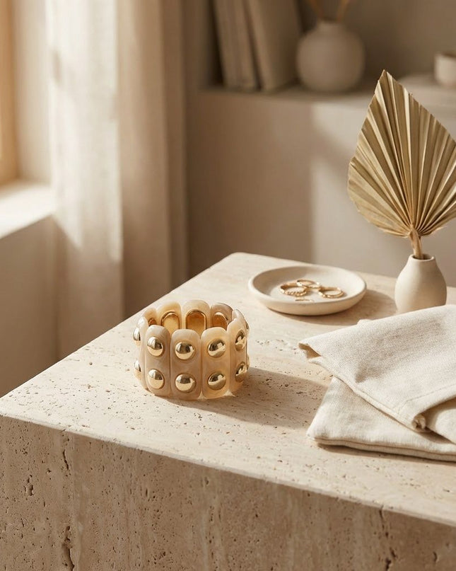 Stretch Vintage Beige Resin and Gold Stud Bracelet
