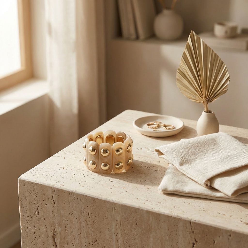 Stretch Vintage Beige Resin and Gold Stud Bracelet