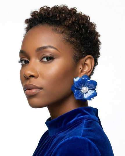 Blue Oversized Stud Painted Petal Flower Earrings