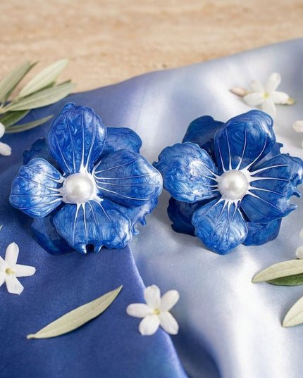 Blue Oversized Stud Painted Petal Flower Earrings