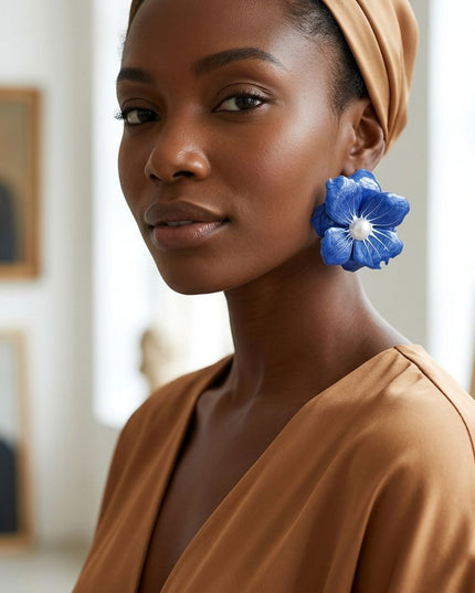 Blue Oversized Stud Painted Petal Flower Earrings