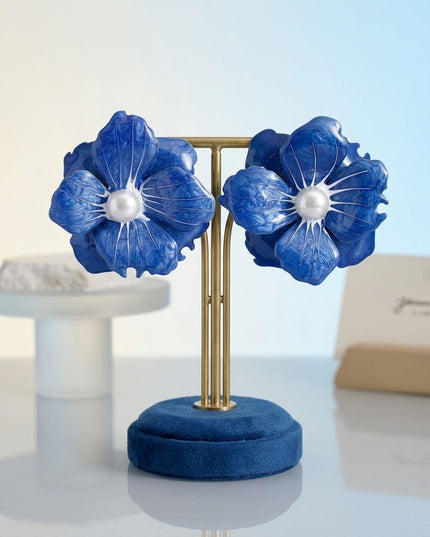 Blue Oversized Stud Painted Petal Flower Earrings