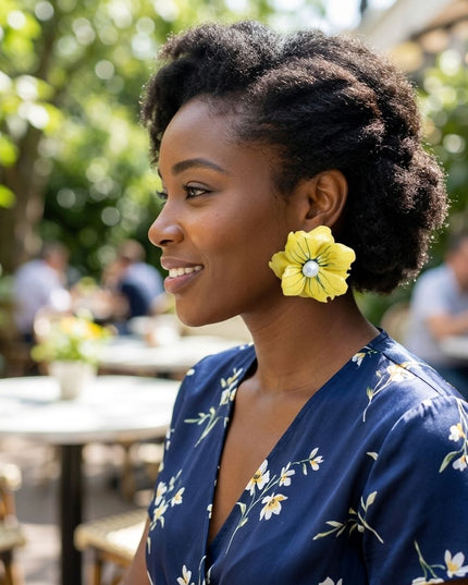 Yellow Oversize Stud Painted Petal Flower Earrings