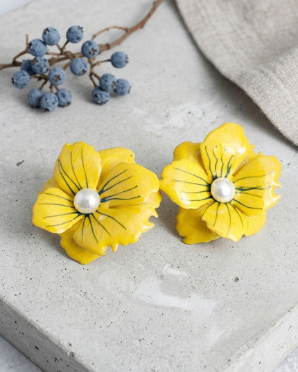 Yellow Oversize Stud Painted Petal Flower Earrings