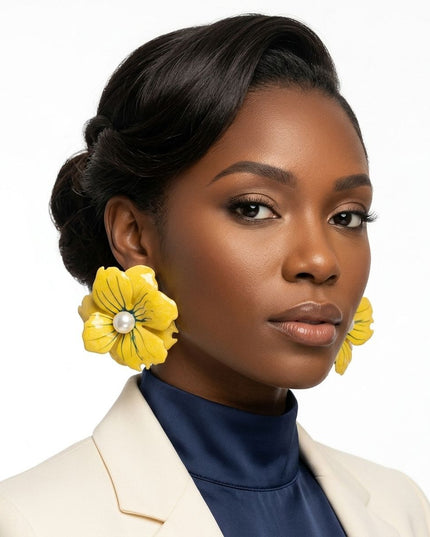Yellow Oversize Stud Painted Petal Flower Earrings