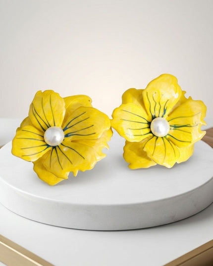 Yellow Oversize Stud Painted Petal Flower Earrings