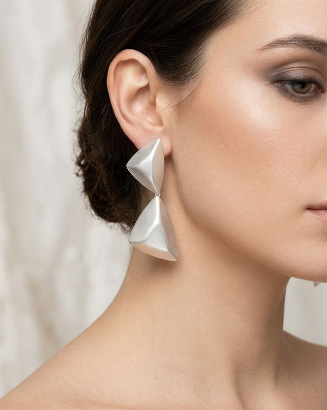 Drop Matte Silver Puffed Triangle Modern Earrings