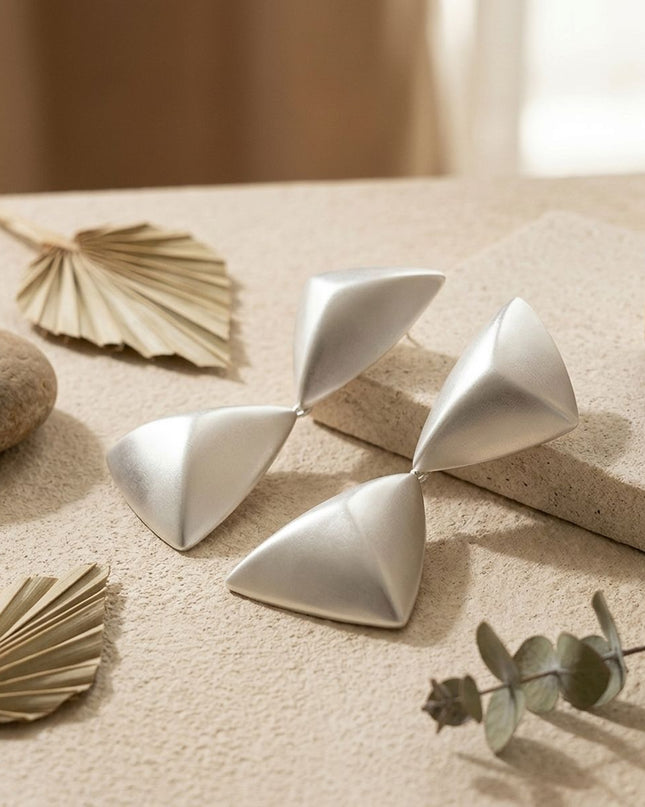 Drop Matte Silver Puffed Triangle Modern Earrings