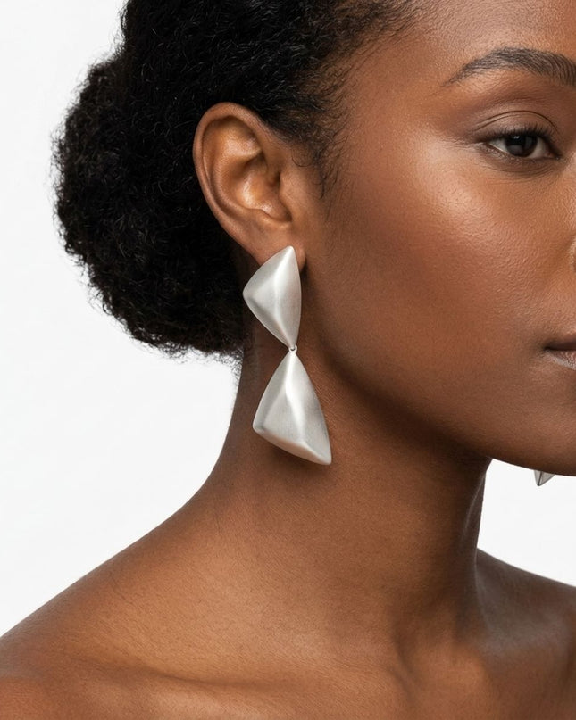 Drop Matte Silver Puffed Triangle Modern Earrings