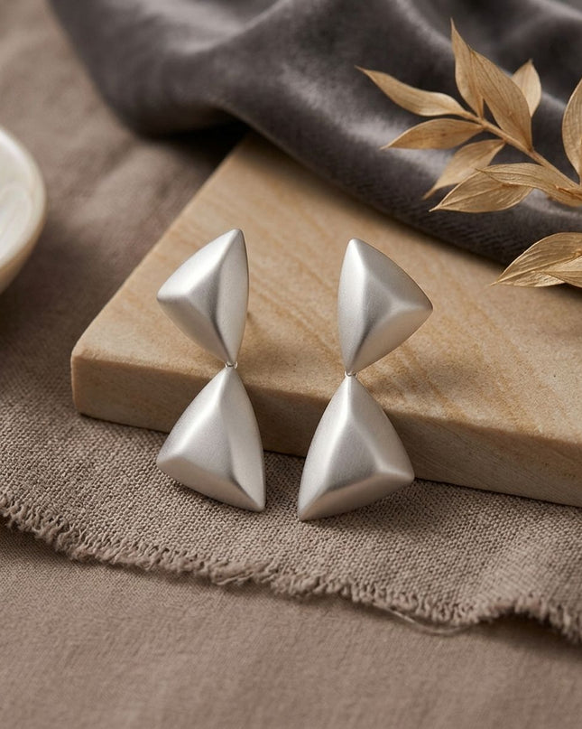 Drop Matte Silver Puffed Triangle Modern Earrings