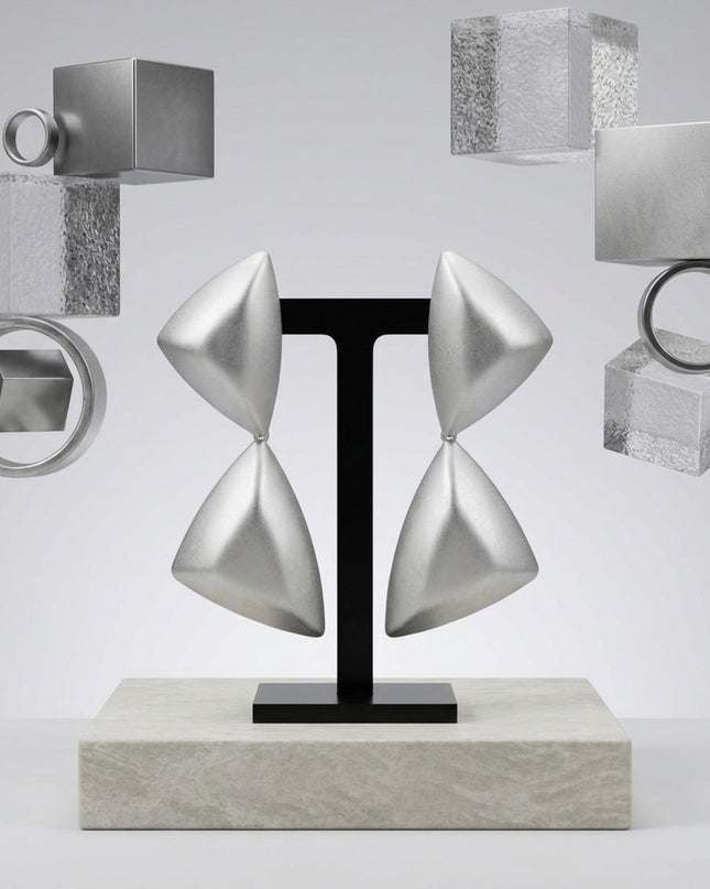 Drop Matte Silver Puffed Triangle Modern Earrings