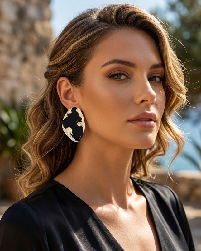 Stud Black and Gold Molten Metal Retro Earrings