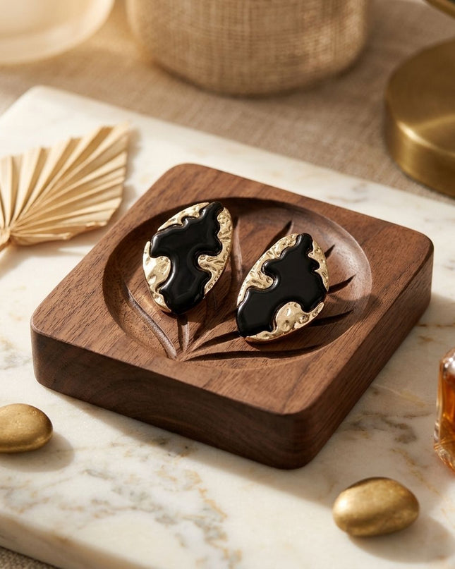 Stud Black and Gold Molten Metal Retro Earrings