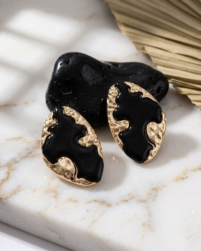 Stud Black and Gold Molten Metal Retro Earrings