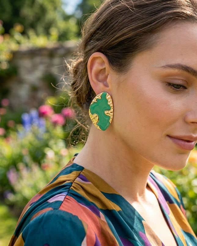 Stud Green and Gold Molten Metal Retro Earrings