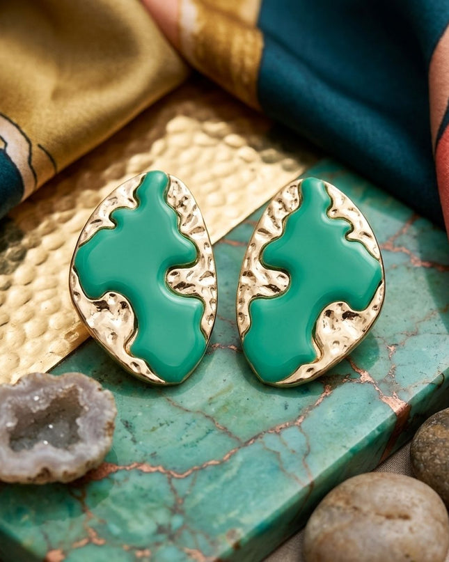 Stud Green and Gold Molten Metal Retro Earrings