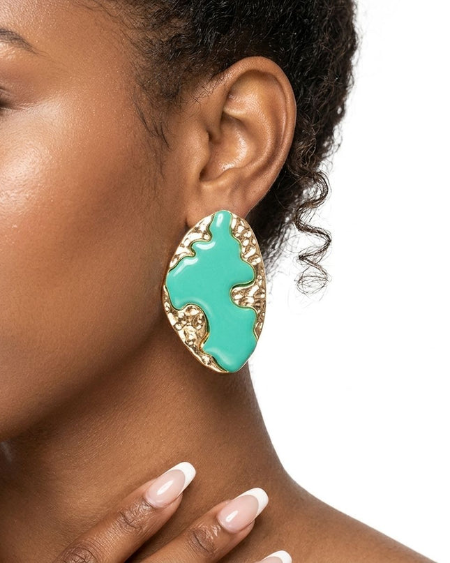 Stud Green and Gold Molten Metal Retro Earrings
