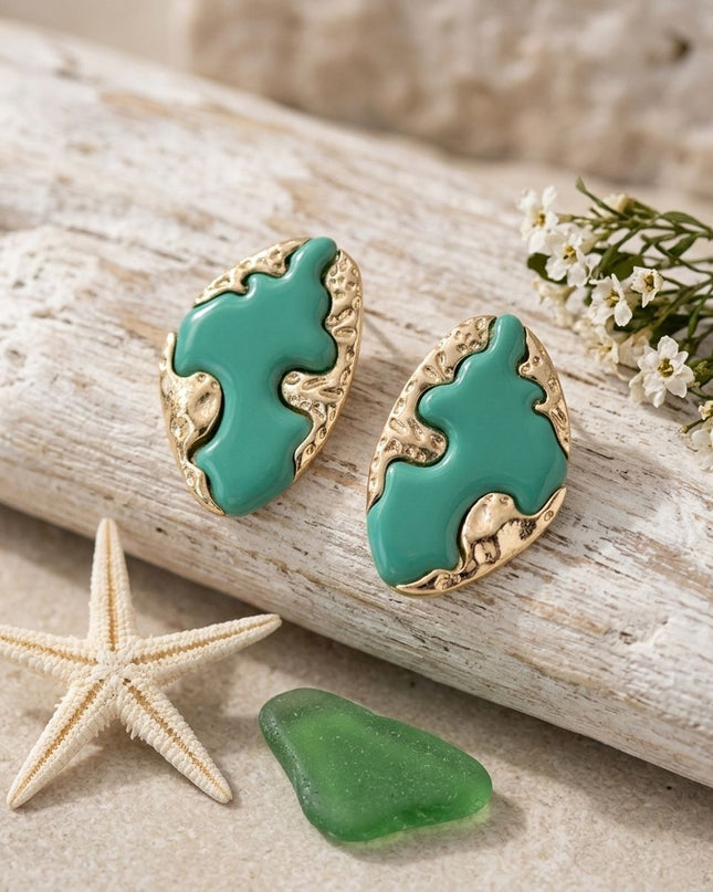 Stud Green and Gold Molten Metal Retro Earrings