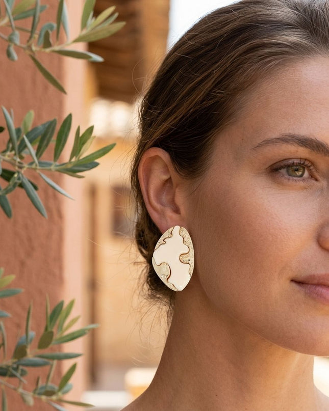 Stud Ivory and Gold Molten Metal Retro Earrings