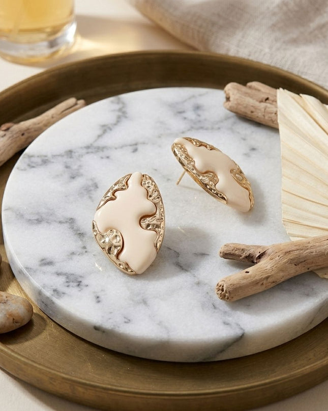 Stud Ivory and Gold Molten Metal Retro Earrings