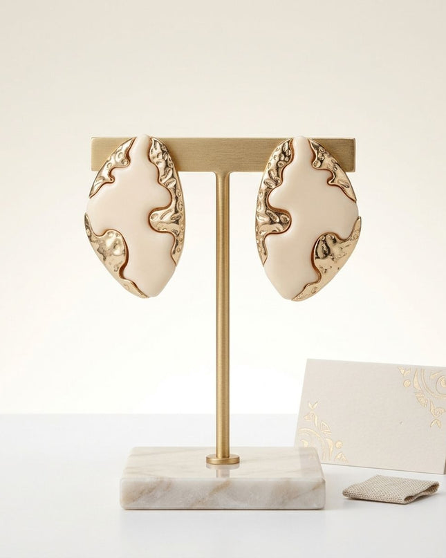 Stud Ivory and Gold Molten Metal Retro Earrings