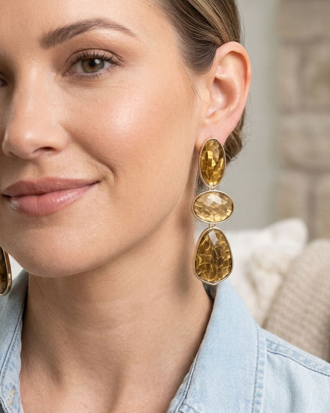 3 Tier Drop Brown Mosaic Gold Geometric Earrings