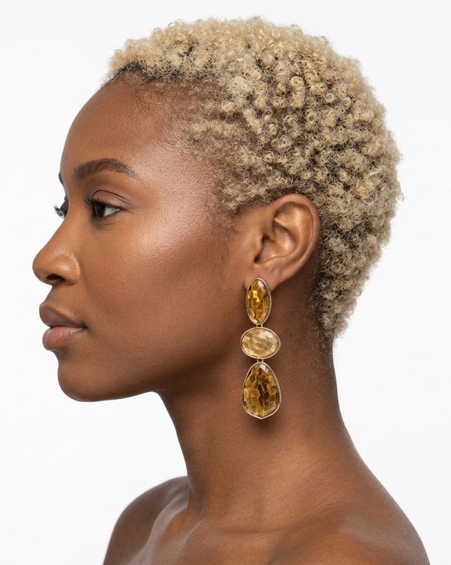3 Tier Drop Brown Mosaic Gold Geometric Earrings