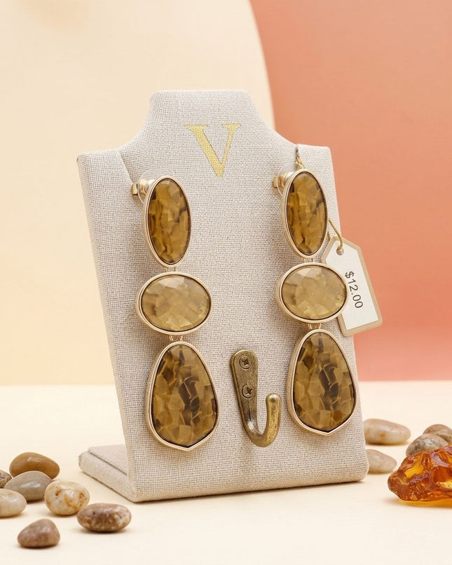3 Tier Drop Brown Mosaic Gold Geometric Earrings