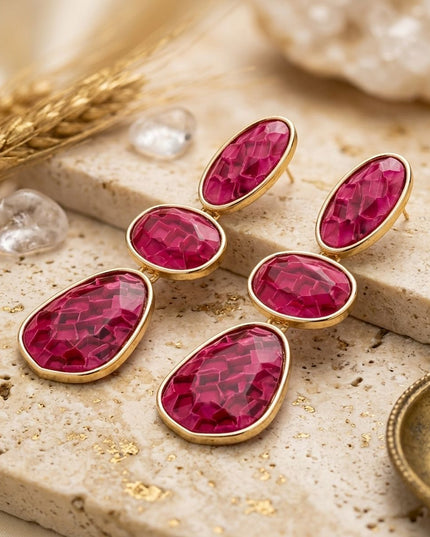 3 Tier Drop Fuchsia Mosaic Gold Geometric Earrings