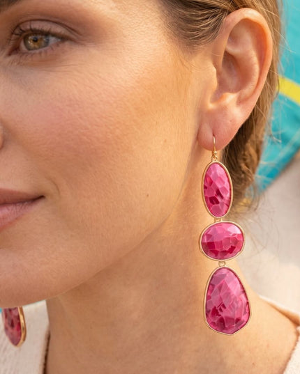 3 Tier Drop Fuchsia Mosaic Gold Geometric Earrings