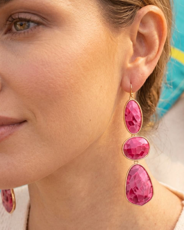 3 Tier Drop Fuchsia Mosaic Gold Geometric Earrings