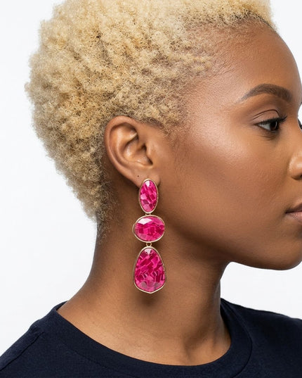 3 Tier Drop Fuchsia Mosaic Gold Geometric Earrings