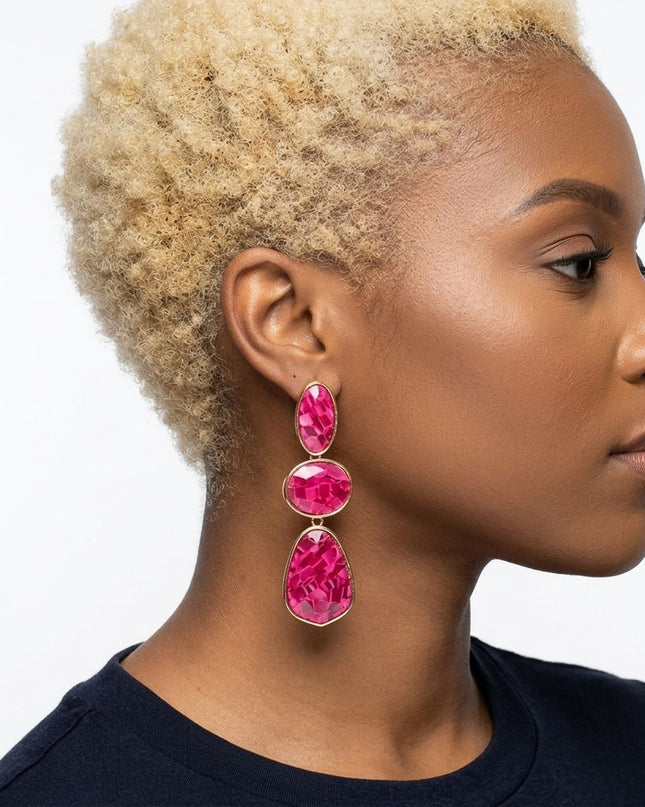 3 Tier Drop Fuchsia Mosaic Gold Geometric Earrings