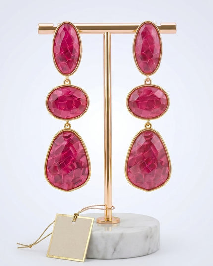 3 Tier Drop Fuchsia Mosaic Gold Geometric Earrings