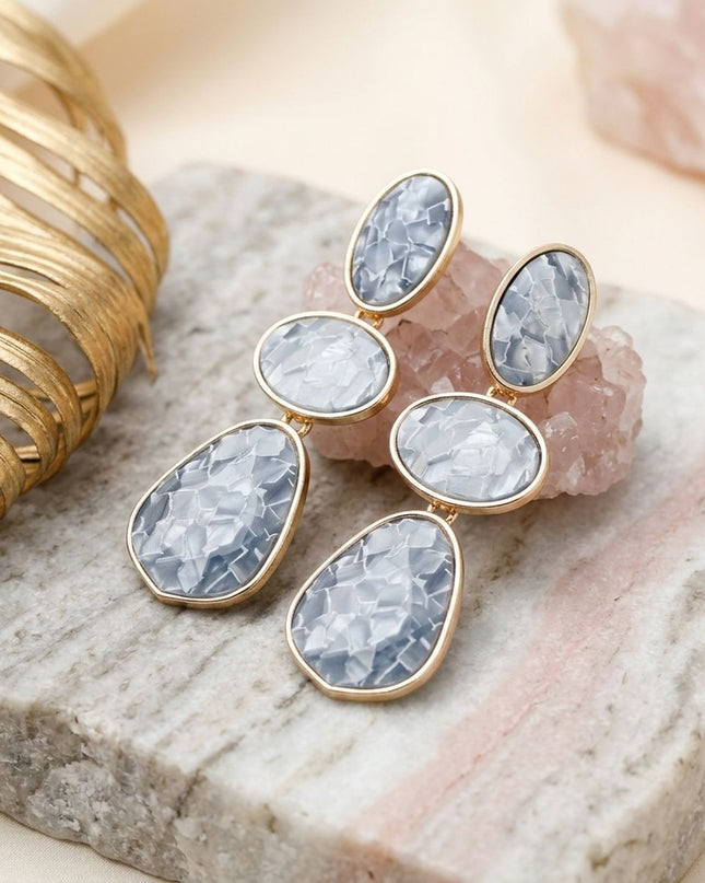 3 Tier Drop Gray Mosaic Gold Geometric Earrings